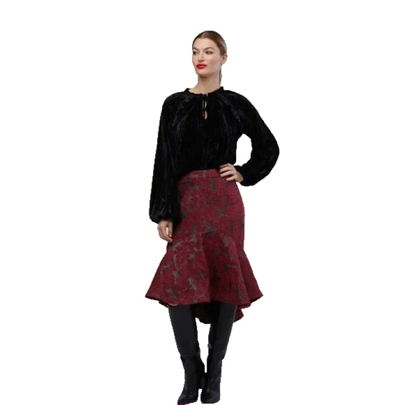 NWT Rachel Parcell Womens Red Metallic Floral Hi-Low Fit & Flare Skirt Size 6 - Picture 1 of 11